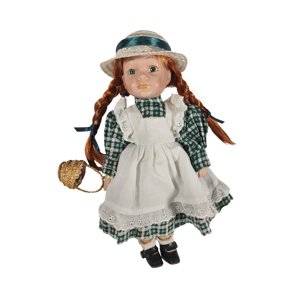 Vintage Anne of Green Gables Doll Red Hair Blue Green Eyes Straw Hat Basket